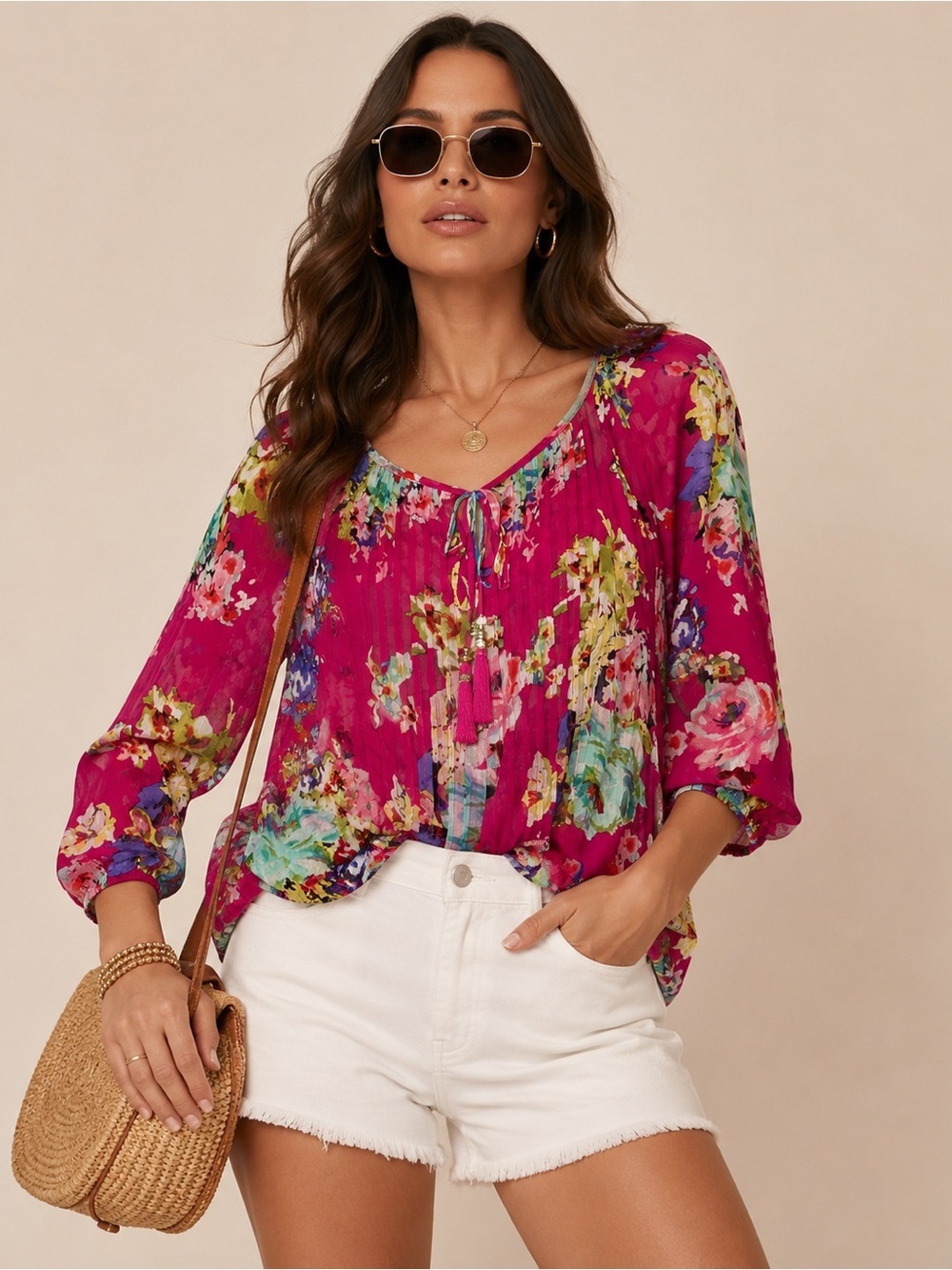 Charter Club Pink Floral Sheer Peasant Blouse Tassel Tie Boho Top Size M